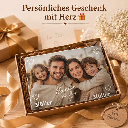 Personalisiertes Glasschneidebrett mit Familienfoto und Namen als persönliches Geschenk