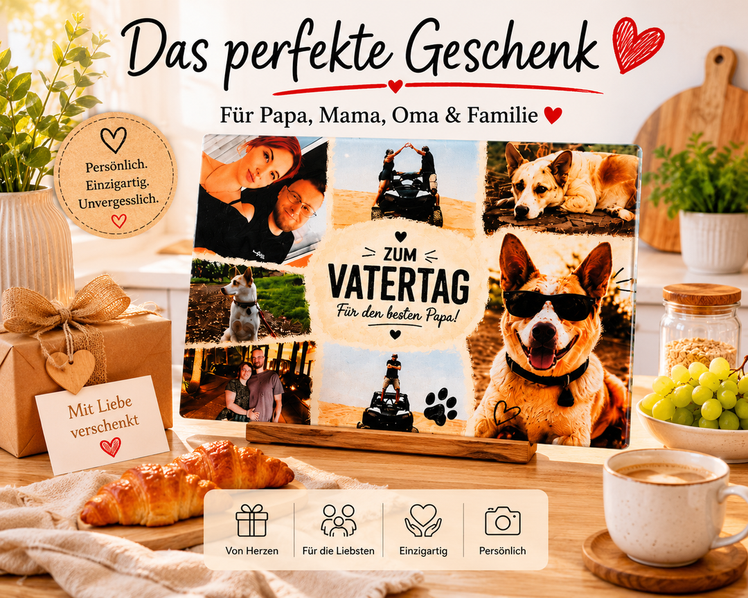 Personalisiertes Glasschneidebrett mit Fotocollage als Geschenk für Papa, Mama, Oma und Familie