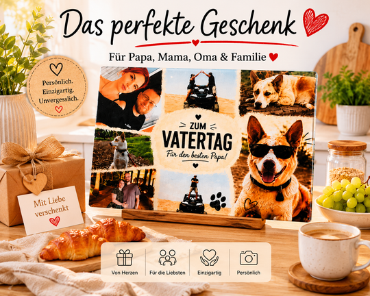Personalisiertes Glasschneidebrett mit Fotocollage als Geschenk für Papa, Mama, Oma und Familie