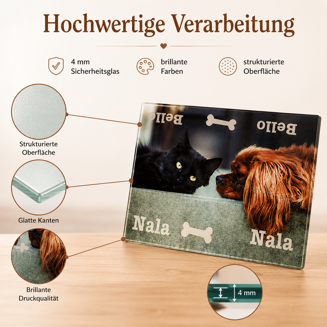 Personalisiertes Glasschneidebrett aus 4 mm Glas mit strukturierter Oberfläche und hochwertigem Fotodruck