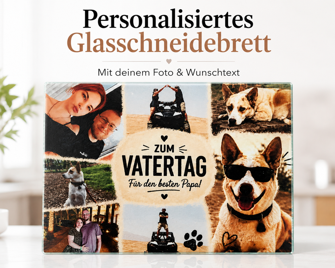 Personalisiertes Glasschneidebrett mit eigenen Fotos und Wunschtext als individuelles Geschenk