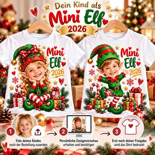 Zwei weiße Kinder-Weihnachtsshirts mit Mädchen- und Jungen-Elf, eingefügten Kindergesichtern und dem Schriftzug „Mini Elf 2026“.