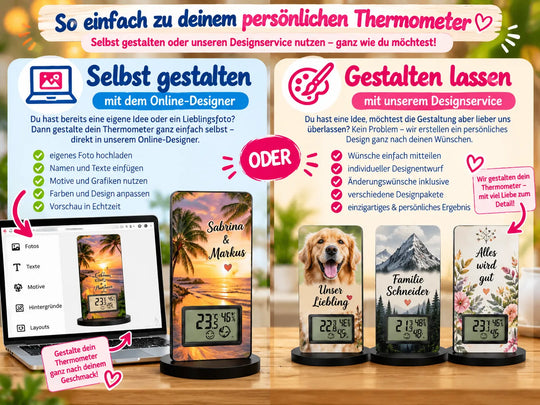 Personalisiertes Thermometer mit Foto und Text selbst im Online-Designer gestalten oder unseren Designservice nutzen
