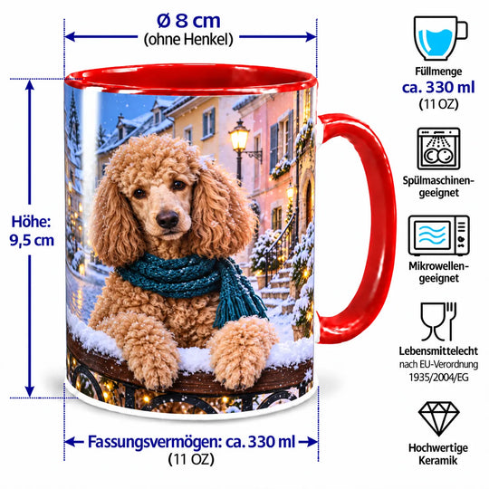 Pudel-Tasse mit Maßangaben: 9,5 cm Höhe, 8 cm Durchmesser ohne Henkel und ca. 330 ml Inhalt; spülmaschinen- und mikrowellengeeignet.