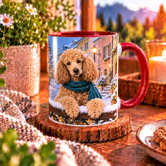 Zweite Ansicht der Pudel-Tasse mit apricotfarbenem Pudel, petrolfarbenem Strickschal und verschneiter Altstadt im Hintergrund.