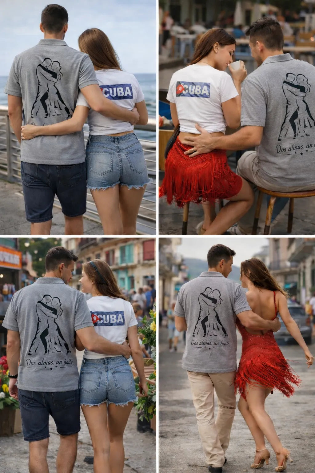 Rumba Poloshirt Herren grau mit Tanzpaar Design im Kuba Stil in verschiedenen Lifestyle Szenen beim Tanzen und Spazieren