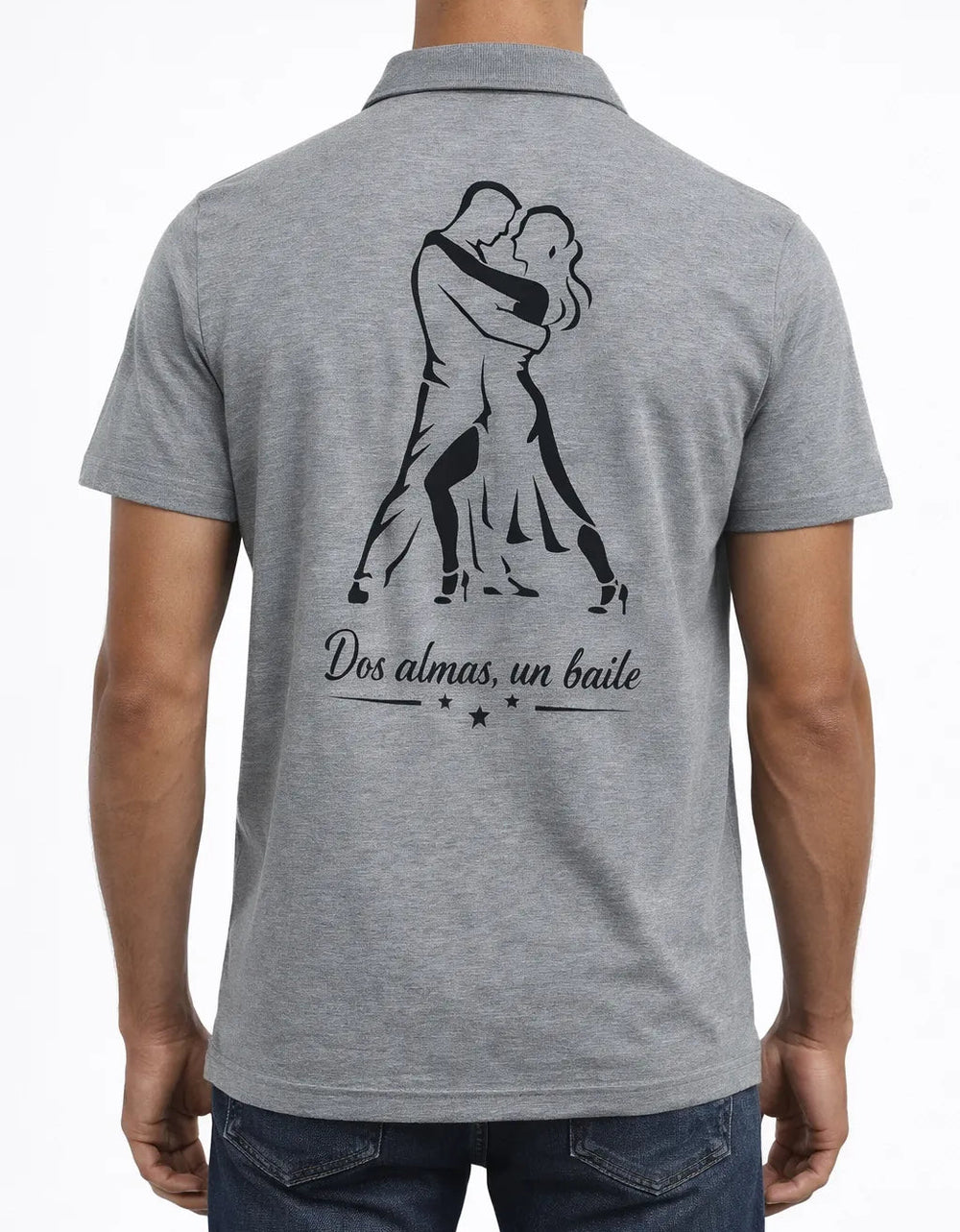 Graues Rumba Poloshirt getragen von hinten mit schwarzem Tanzpaar Motiv Dos almas un baile