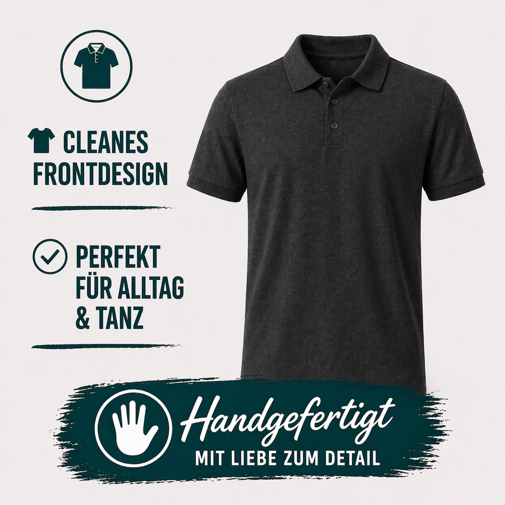 Heather schwarzes Slim Fit Salsa Poloshirt Rückseite ohne Druck Tri Blend Stoff für Salsa Tänzer