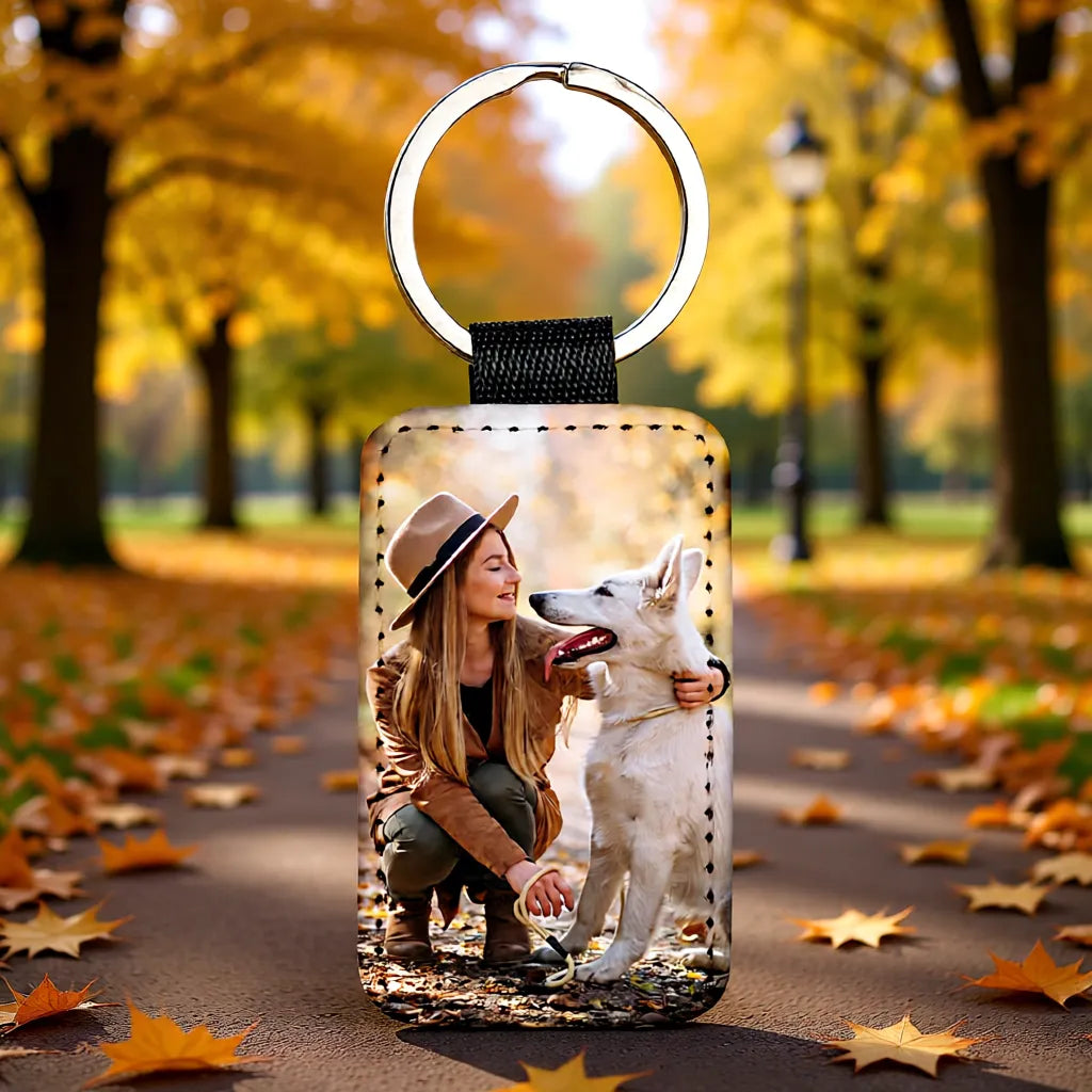 Rechteckiger Schlüsselanhänger aus Kunstleder personalisiert mit Motiv