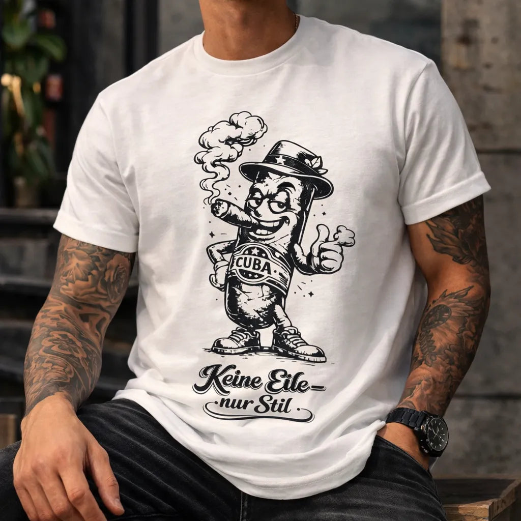 Mann trägt Kuba Zigarren Lifestyle T-Shirt mit Cartoon Zigarre und Schriftzug Keine Eile nur Stil