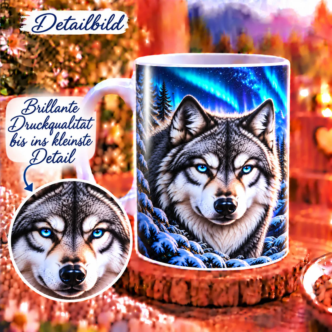 Wolf-Tasse neben einem vergrößerten Ausschnitt des Wolfsgesichts mit blauen Augen und grau-weißem Fell.
