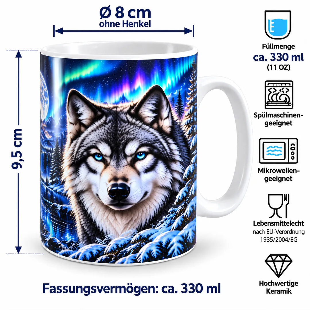 Maßbild der Wolf-Tasse: ca. 9,5 cm hoch, 8 cm Durchmesser ohne Henkel und 330 ml Inhalt; spülmaschinen- und mikrowellengeeignet.