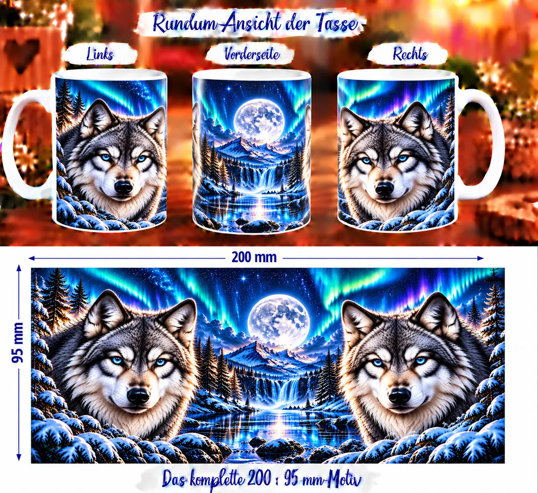 Drei Ansichten der Wolf-Tasse und das vollständige Motiv mit zwei Wölfen am verschneiten See, Polarlicht, Vollmond und Wasserfall.
