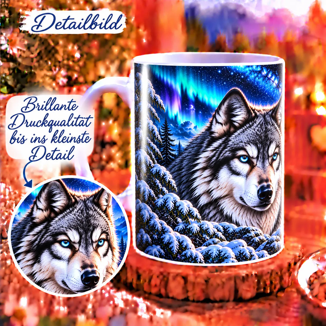 Wolf-Tasse neben einem vergrößerten Ausschnitt des Wolfsgesichts mit blauen Augen und feinen grau-weißen Felldetails.