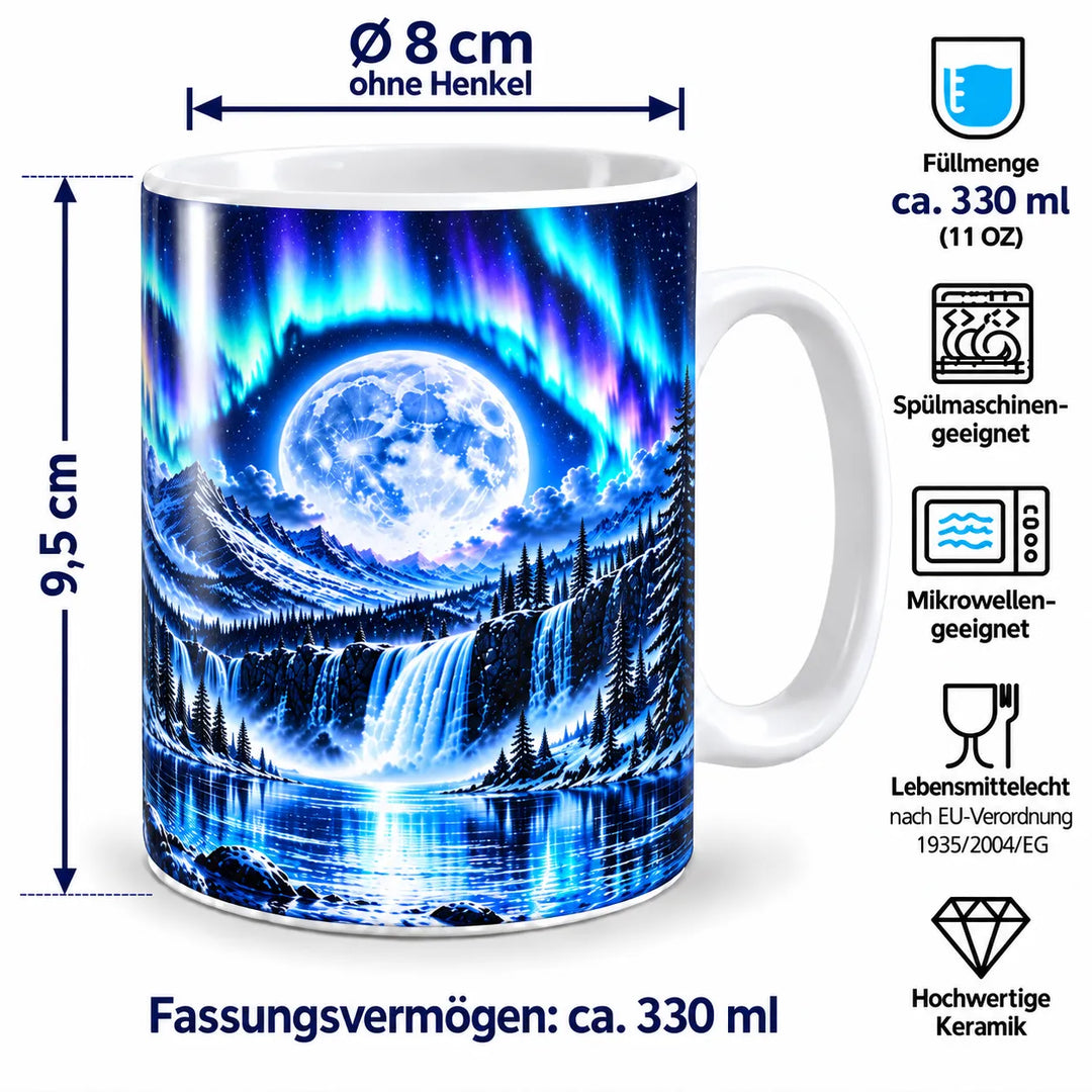 Maßbild der Wolf-Tasse: ca. 9,5 cm hoch, 8 cm Durchmesser ohne Henkel und 330 ml Inhalt; spülmaschinen- und mikrowellengeeignet.