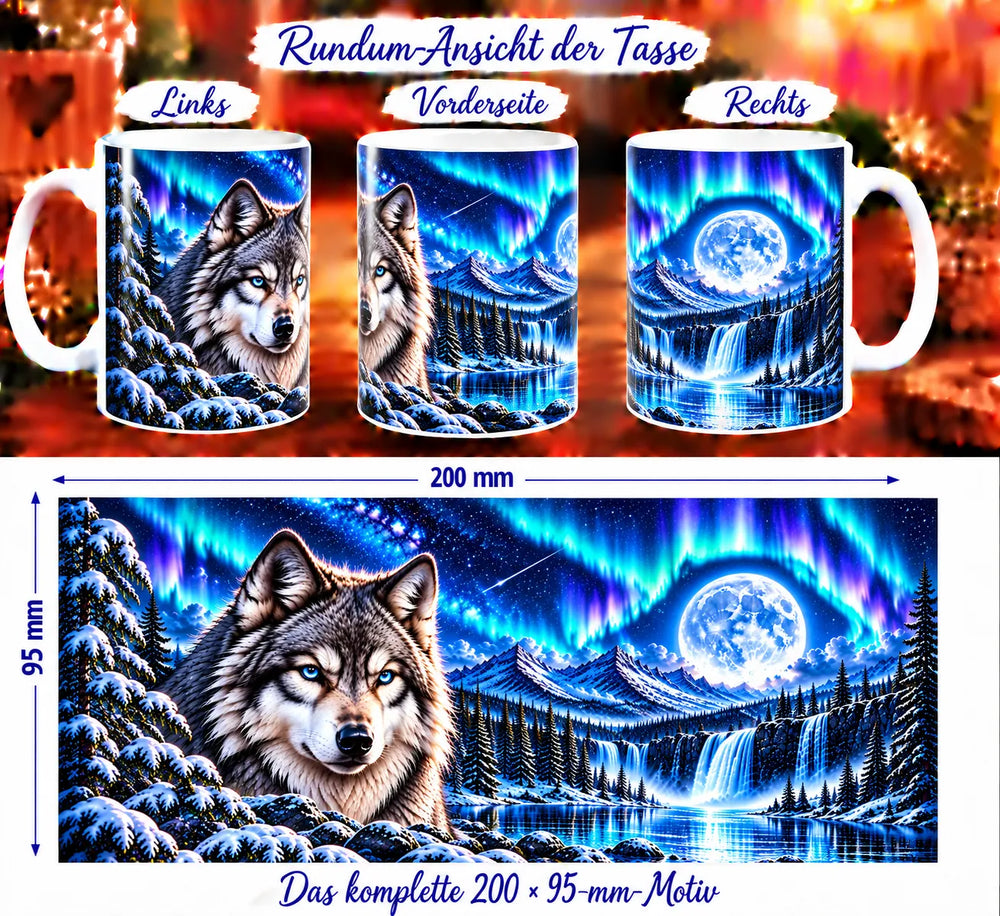 Drei Ansichten der Wolf-Tasse und das vollständige Motiv mit einem Wolf, verschneiten Tannen, Bergsee, Wasserfall, Vollmond und Polarlicht.