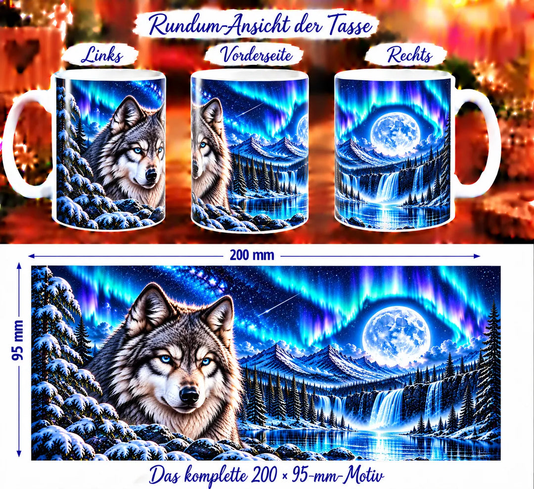 Drei Ansichten der Wolf-Tasse und das vollständige Motiv mit einem Wolf, verschneiten Tannen, Bergsee, Wasserfall, Vollmond und Polarlicht.