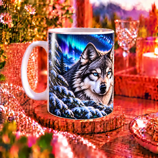 Weiße Keramiktasse mit blauäugigem Wolf vor einer verschneiten Landschaft mit Vollmond, Polarlicht und Wasserfall.