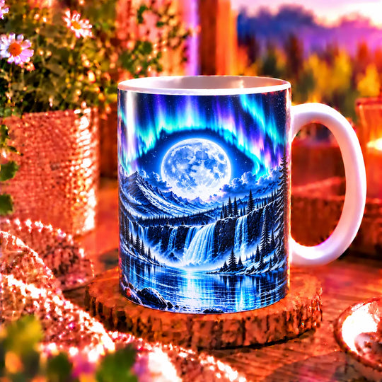 Zweite Ansicht der weißen Wolf-Tasse mit einer verschneiten Seenlandschaft unter Vollmond und türkis-violetten Polarlichtern.