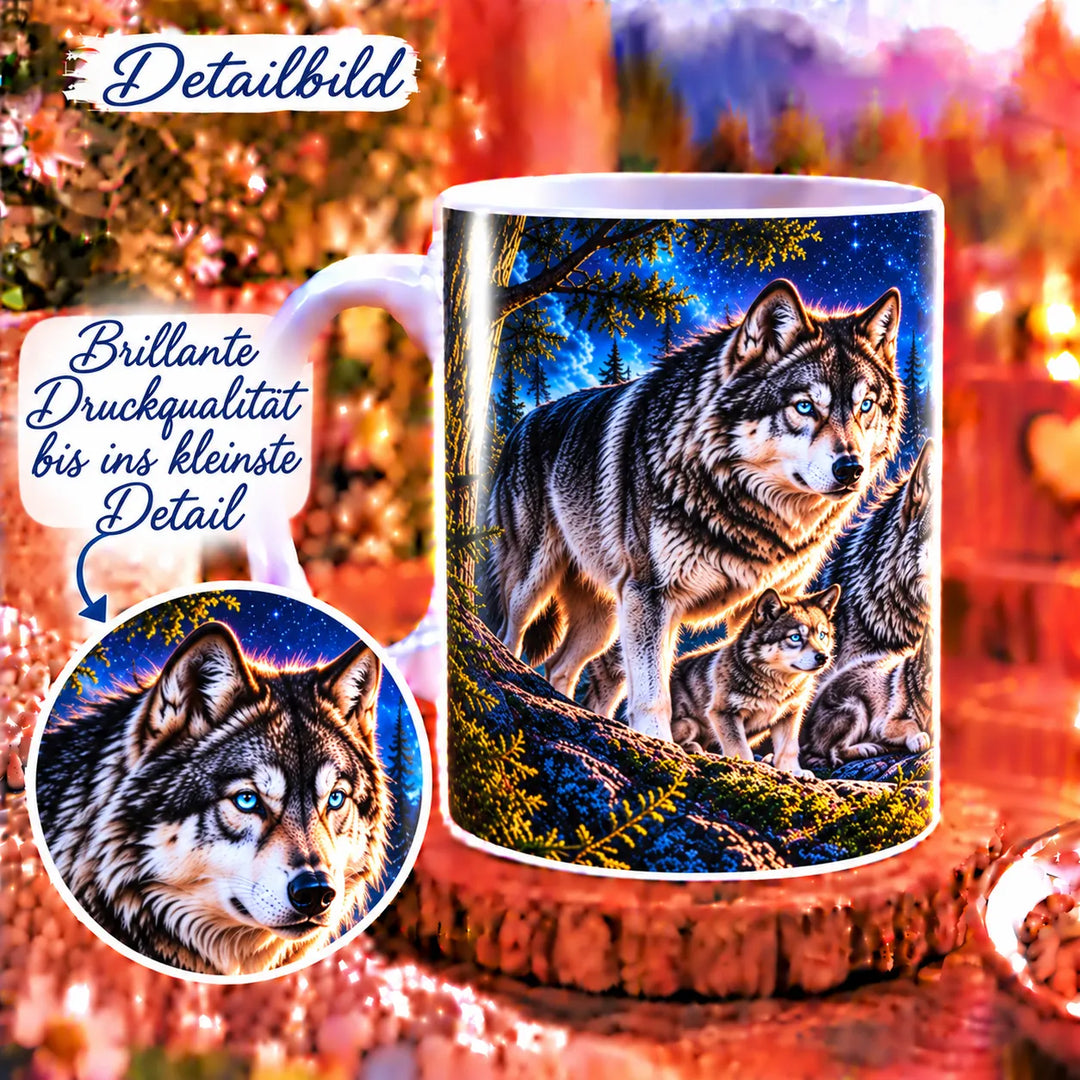 Wolf-Tasse neben einem vergrößerten Ausschnitt des Wolfsfamilien-Motivs mit fein dargestelltem Fell.