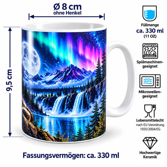 Maßbild der Wolf-Tasse: ca. 9,5 cm hoch, 8 cm Durchmesser ohne Henkel und 330 ml Inhalt; spülmaschinen- und mikrowellengeeignet.