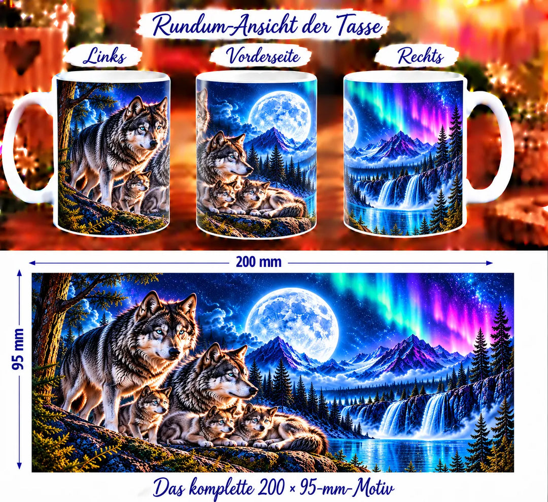 Drei Ansichten der Wolf-Tasse und das vollständige Motiv mit zwei erwachsenen Wölfen, drei Welpen, Polarlicht, Vollmond und Wasserfall.