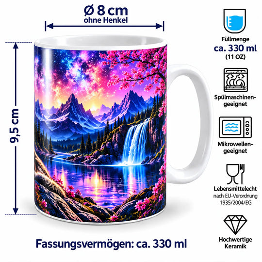 Maßbild der Wolf-Tasse: ca. 9,5 cm hoch, 8 cm Durchmesser ohne Henkel und 330 ml Inhalt; spülmaschinen- und mikrowellengeeignet.