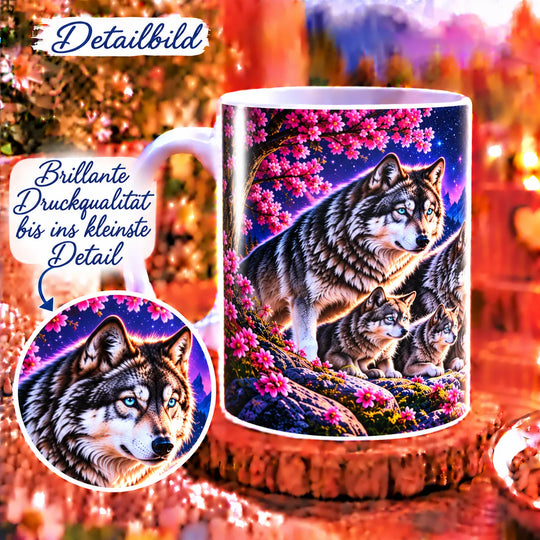 Wolf-Tasse neben einem vergrößerten Ausschnitt des Wolfsfamilien-Motivs mit feinen Felldetails.