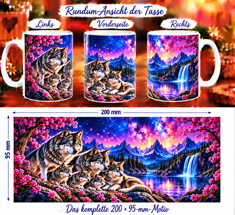 Drei Ansichten der Wolf-Tasse und das vollständige Motiv mit sechs Wölfen, rosa Blüten, Bergsee, Wasserfall und Sternenhimmel.