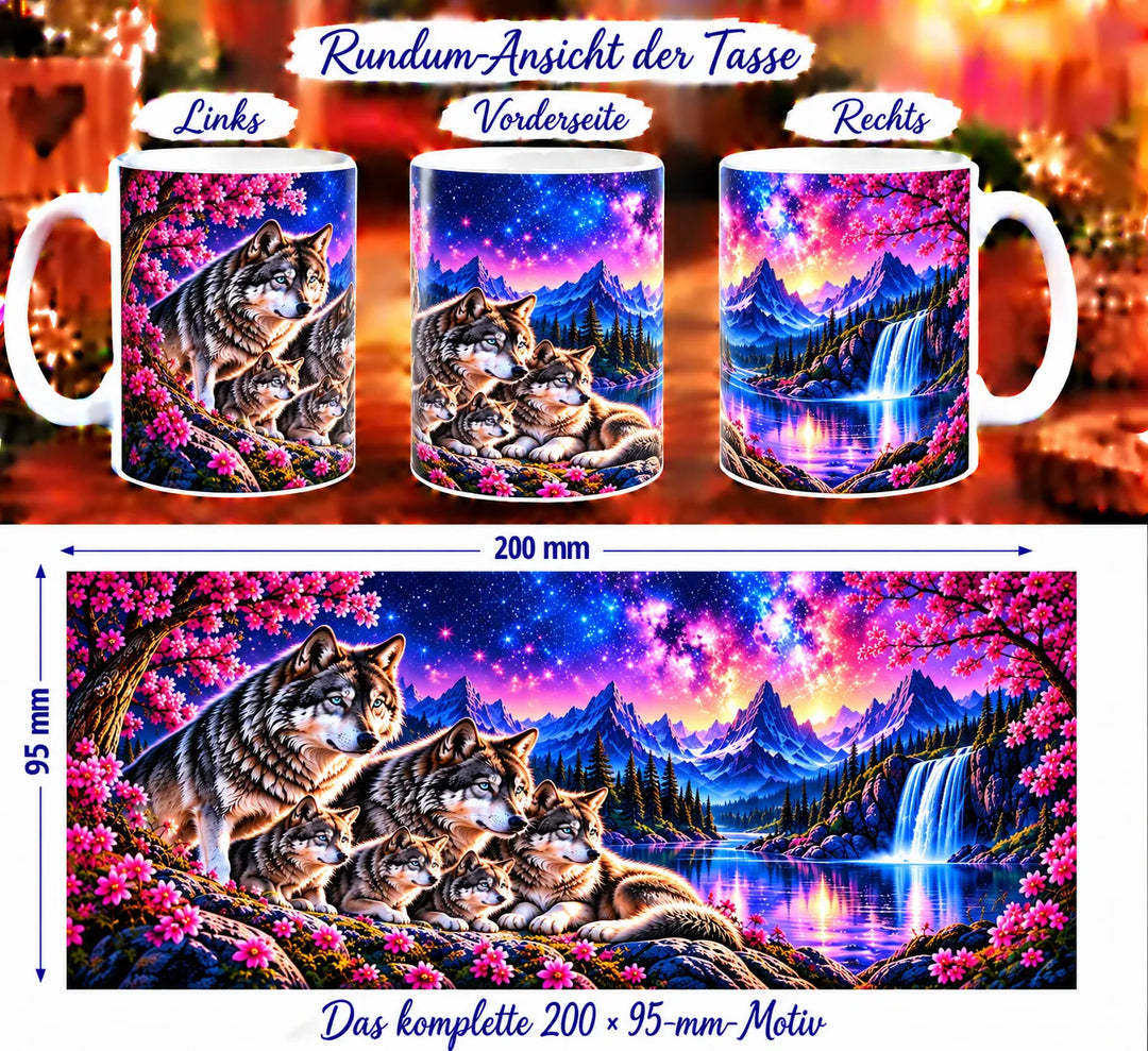 Drei Ansichten der Wolf-Tasse und das vollständige Motiv mit sechs Wölfen, rosa Blüten, Bergsee, Wasserfall und Sternenhimmel.
