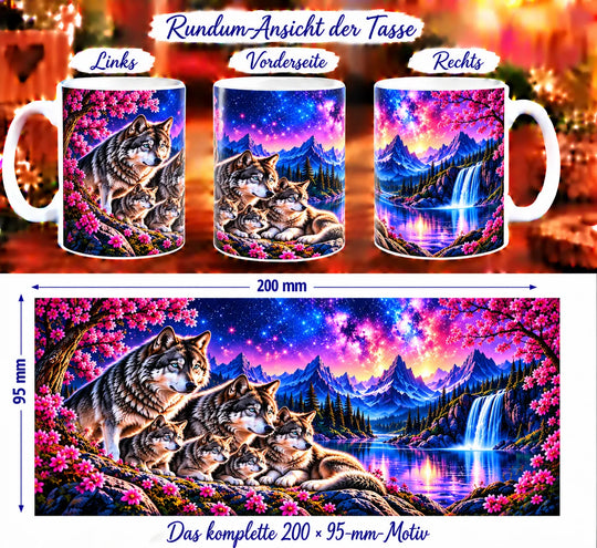 Drei Ansichten der Wolf-Tasse und das vollständige Motiv mit sechs Wölfen, rosa Blüten, Bergsee, Wasserfall und Sternenhimmel.