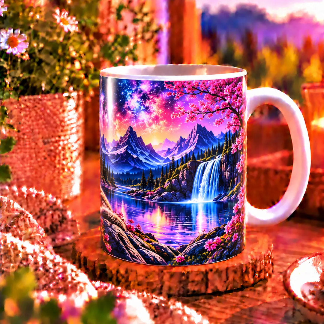 Zweite Ansicht der weißen Tasse mit Wolfsfamilie am See, umgeben von rosa Blüten und einer sternenklaren Berglandschaft.