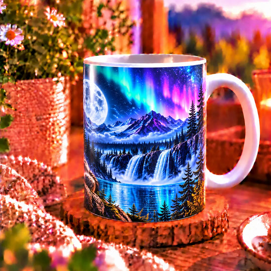 Zweite Ansicht der weißen Keramiktasse mit Wolfsfamilie vor einer Landschaft mit Bergen, See und leuchtendem Polarlicht.
