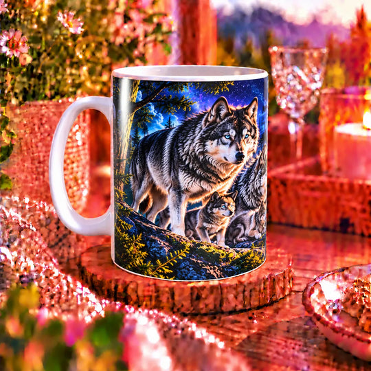 Weiße Keramiktasse mit einer Wolfsfamilie vor einer nächtlichen Berglandschaft mit Vollmond und Polarlicht.