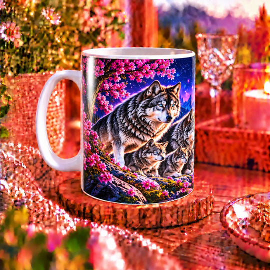 Weiße Keramiktasse mit Wolfsfamilie, rosa Blüten und einer Berglandschaft unter funkelndem Sternenhimmel.