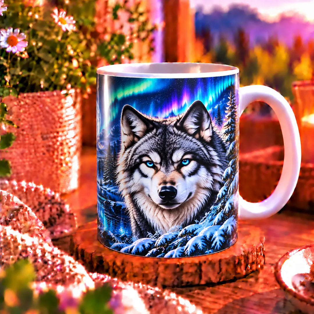 Weiße Tasse mit Henkel rechts und Wolf mit blauen Augen vor einem winterlichen See unter leuchtenden Polarlichtern.