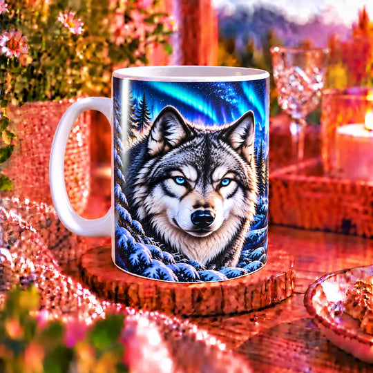 Weiße Wolf-Tasse mit Henkel links und grau-weißem Wolf vor einer Winterlandschaft mit Polarlicht und Vollmond.