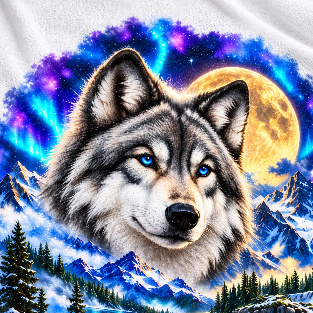 Vergrößerte Darstellung des Wolfskopfs mit blauen Augen, goldenem Vollmond und Polarlicht auf weißem Stoff.