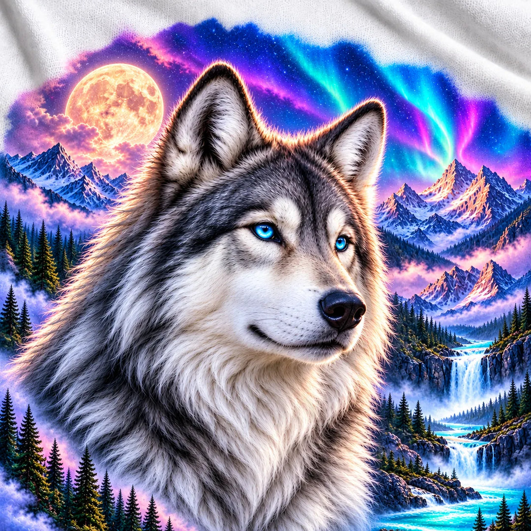 Vergrößerte Darstellung des Wolfsgesichts mit blauen Augen, Polarlicht, Vollmond und Wasserfällen auf weißem Stoff.
