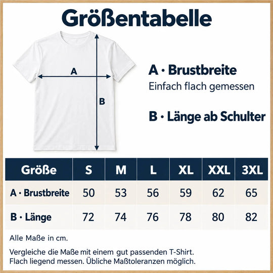 Größentabelle für das T-Shirt von S bis 3XL mit Brustbreite und Länge in Zentimetern sowie Messpfeilen.