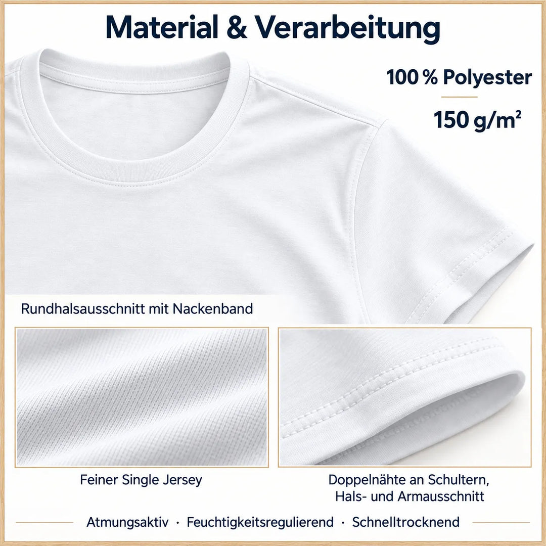 Materialübersicht: 100 % Polyester, 150 g/m², feiner Single Jersey, Rundhalsausschnitt mit Nackenband und Doppelnähte.