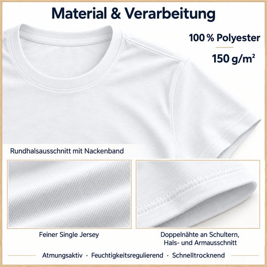 Materialübersicht: 100 % Polyester, 150 g/m², feiner Single Jersey, Rundhalsausschnitt mit Nackenband und Doppelnähte.