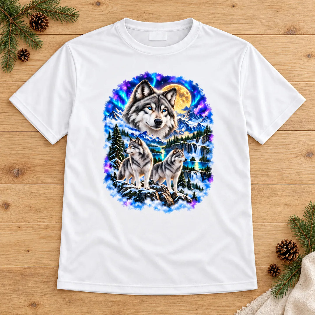 Weißes T-Shirt mit drei Wölfen, Polarlicht und Vollmond, flach auf Holz mit Tannenzweigen ausgelegt.