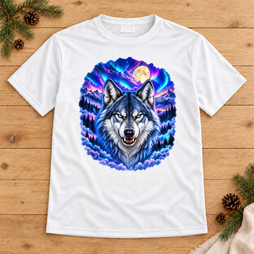 Weißes T-Shirt mit eisblauem Wolfskopf, Polarlicht und goldenem Vollmond, auf Holz mit Tannenzweigen ausgelegt.