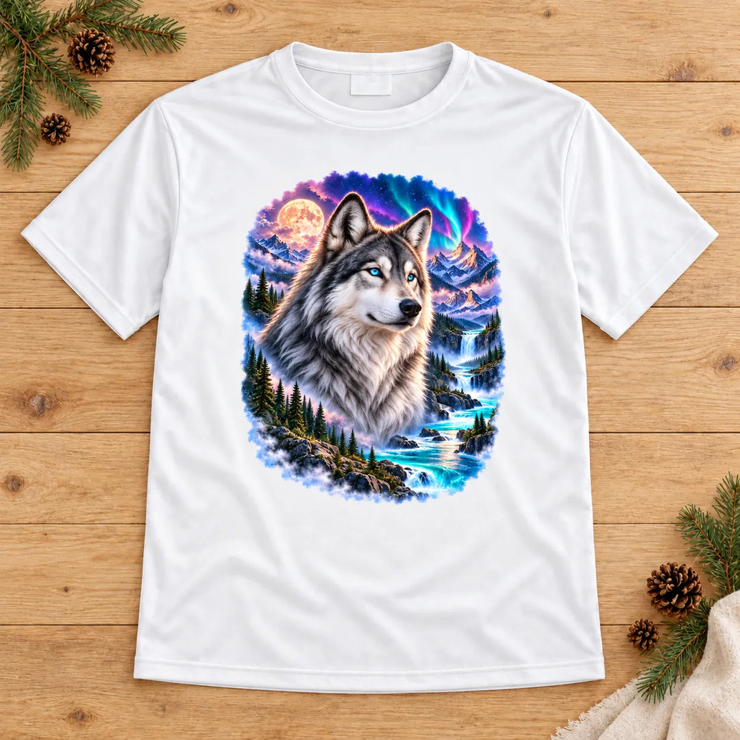 Weißes T-Shirt mit Wolf, Polarlicht, Vollmond und türkisfarbenem Bergfluss, auf Holz mit Tannenzweigen ausgelegt.