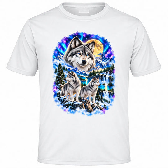 Weißes Kurzarm-T-Shirt mit mittigem Drei-Wölfe-Motiv, Polarlicht und Vollmond vor weißem Hintergrund.