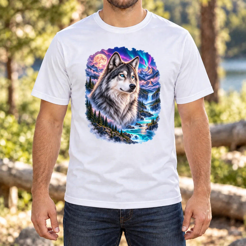 Mann trägt ein weißes Rundhals-T-Shirt mit einem silbergrauen Wolf vor Polarlicht, Bergen und Wasserfällen.