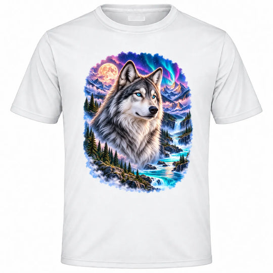Weißes Kurzarm-T-Shirt mit mittigem Wolfsmotiv, Polarlicht, Vollmond und Bergfluss vor weißem Hintergrund.