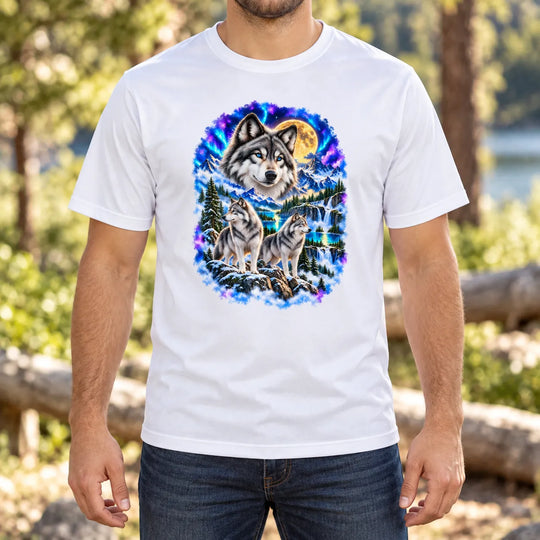 Mann trägt ein weißes Rundhals-T-Shirt mit drei Wölfen vor Polarlicht, Bergen und Wasserfällen.