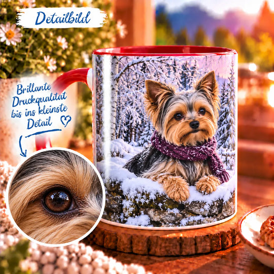 Detailansicht des Yorkshire-Terrier-Motivs mit dunklen Augen, goldbraunem und silbergrauem Fell sowie beerenfarbenem Strickschal.